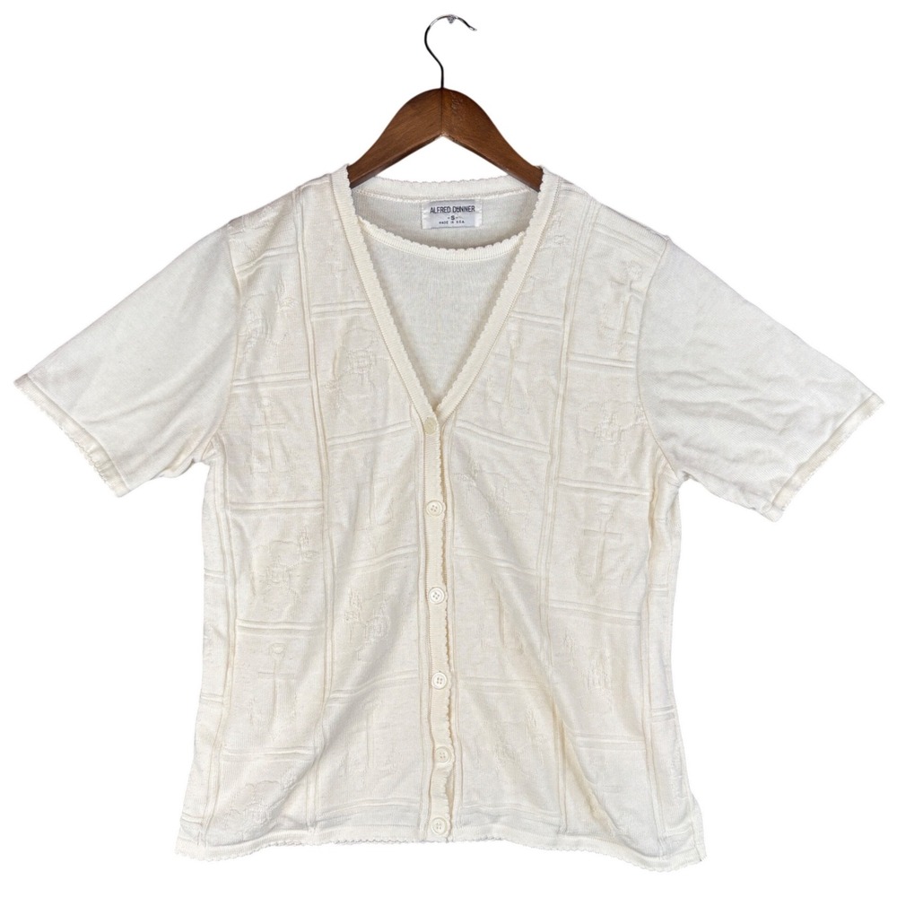 Vintage Alfred Dunner Cream Nautical Textured Short Sleeve Cardigan Small